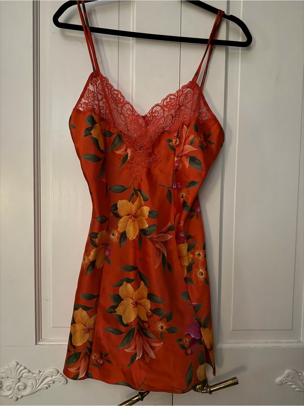 Vintage 90s Victoria’s Secret Orange Floral Satin Lace Slip Dress M
